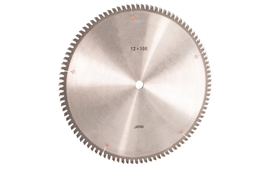 Japanese Sanwa 12" circular saw blade with carbide teeth - 100 Tooth. Zero degree hook angle. 100 tooth saw blade for woodworking. Grind: TCG saw blade - Triple Chip Grind style. 0.14" thin kerf blade. 5/8" arbor hole. Carbide tooth. Triple Chip blade. Sanwa model ST12100Z5/8. Made in Japan.