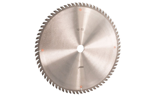 Japanese Sanwa 12" circular saw blade with carbide teeth - 72 Tooth. 72 tooth saw blade for woodworking. Grind: TCG saw blade - Triple Chip Grind style. 0.12" thin kerf blade. 1" (25 mm) arbor hole. Carbide tooth. Triple Chip blade. Sanwa model ST1272. Made in Japan.