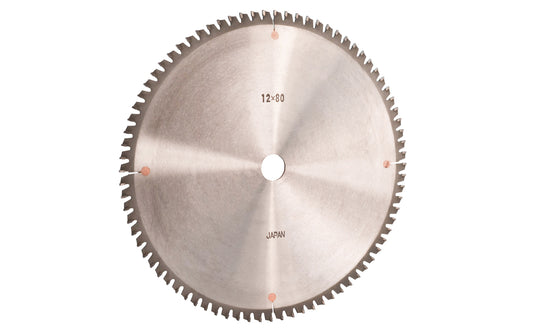 Japanese Sanwa 12" circular saw blade with carbide teeth - 80 Tooth. 80 tooth saw blade for woodworking. Grind: TCG saw blade - Triple Chip Grind style. 0.12" thin kerf blade. 1" (25 mm) arbor hole. Carbide tooth. Triple Chip blade. Sanwa model ST1280. Made in Japan.