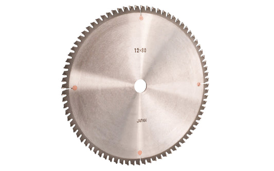 Japanese Sanwa 12" circular saw blade with carbide teeth - 80 Tooth. Zero degree hook angle. 80 tooth saw blade for woodworking. Grind: TCG saw blade - Triple Chip Grind style. 0.12" thin kerf blade. 1" (25 mm) arbor hole. Carbide tooth. Triple Chip blade. Sanwa model ST1280Z. Made in Japan.