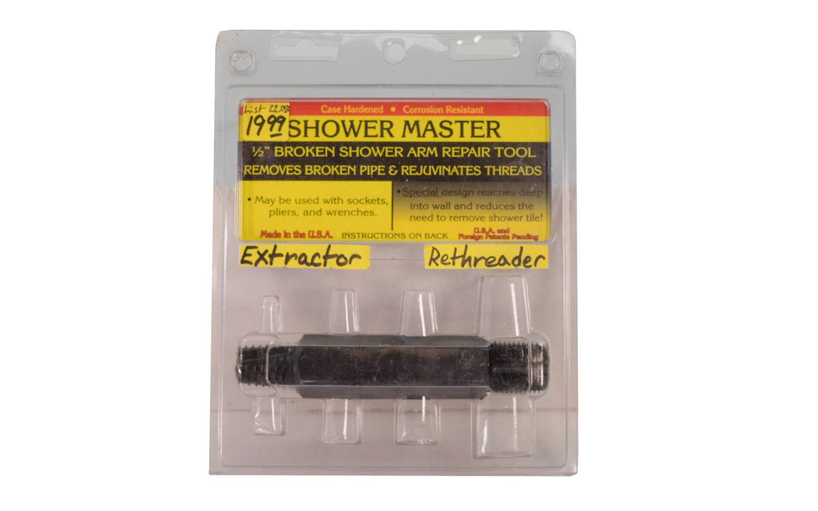 1/2" Broken Shower Arm Repair Tool. Removes broken pipe & rejuvenates threads. May be used with sockets, pliers, & wrenches.  Made in USA.