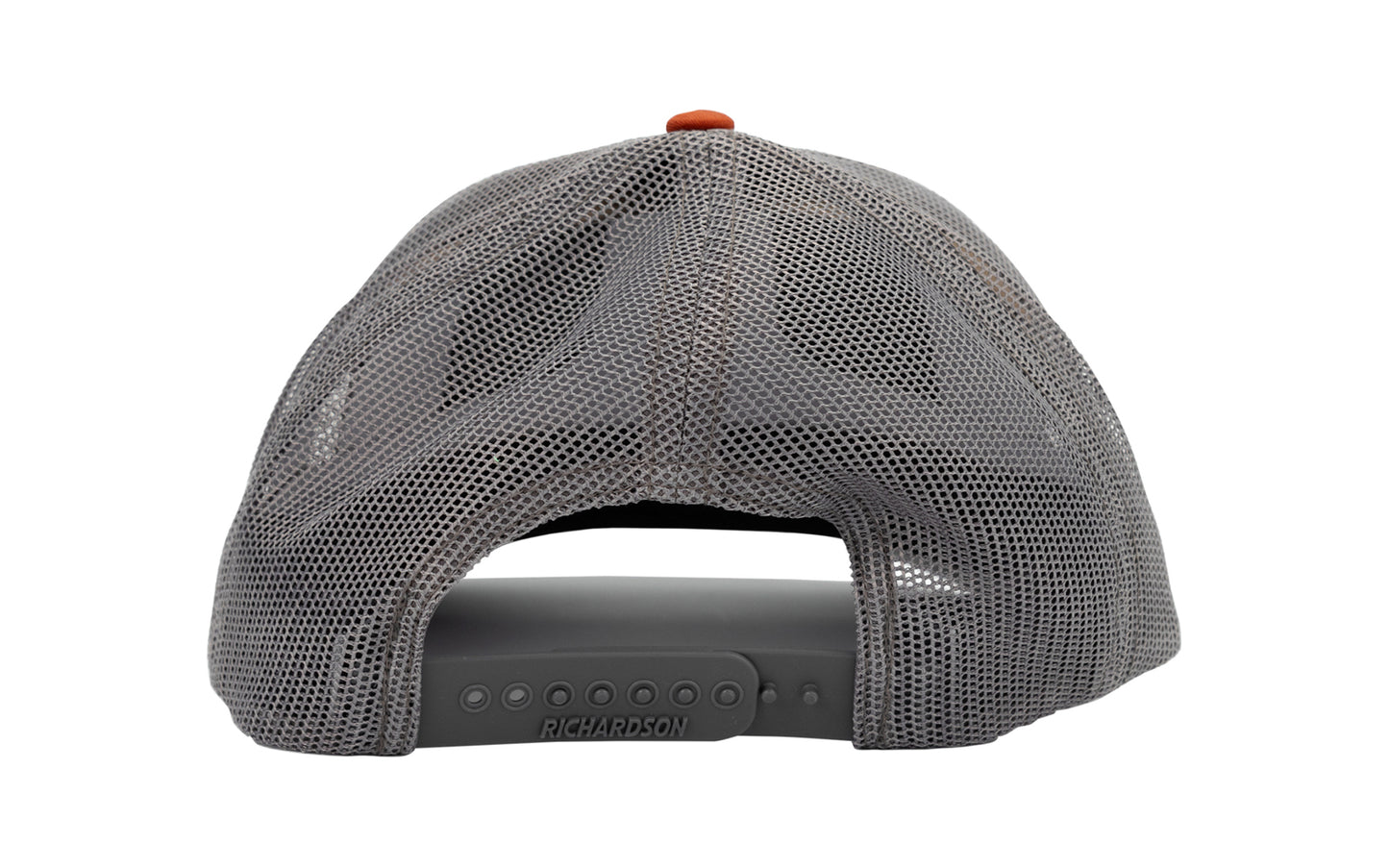 Buck Knives Hat 'Richardson 112 six-panel trucker hat' in heather gray/charcoal/dark orange with woven patch. Front: 60% Cotton/40% Polyester. Back: 100% Polyester. Potton-polyester twill with trucker mesh. Snapback closure, adjustable fit. Buck Knives Ball Cap Hat.