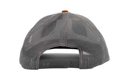 Buck Knives Hat 'Richardson 112 six-panel trucker hat' in heather gray/charcoal/dark orange with woven patch. Front: 60% Cotton/40% Polyester. Back: 100% Polyester. Potton-polyester twill with trucker mesh. Snapback closure, adjustable fit. Buck Knives Ball Cap Hat.
