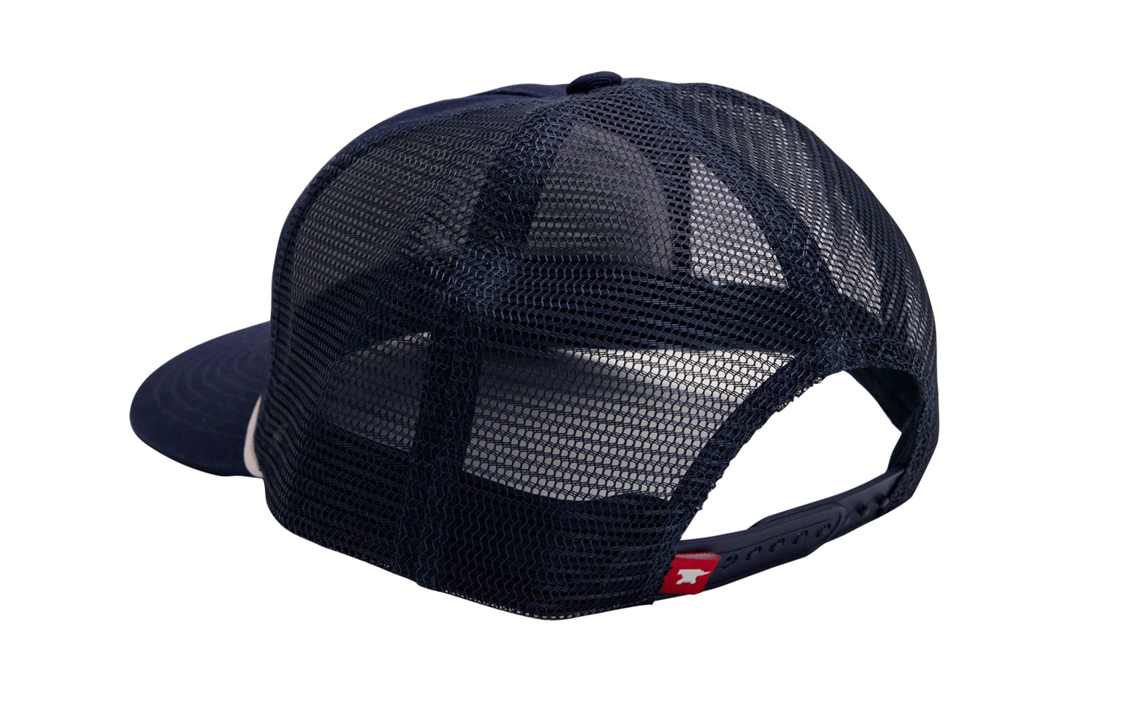 Buck Knives Five-panel snapback trucker hat in navy with white and red rounded Buck Knives felt patch and white rope. Low-profile with pre-curved bill. Navy twill and navy mesh. Snapback closure, adjustable fit. One size fits most. Buck Knives Ball Cap Hat.