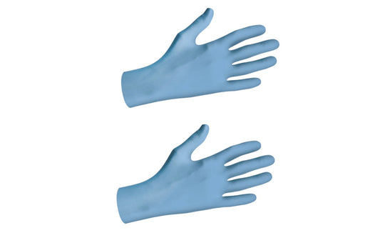 Bue Nitrile Biodegradable Disposable Gloves - 100 Pack. Biodegradable, single use nitrile gloves. Features biodegradation in biologically active landfills. Powder-free, silicone-free, low-modulus 100% nitrile. Bisque fingertips. 9-1/2". 4 mil thickness. 9.5 inches long.  Available in M, L, & XL sizes. Made by Showa.