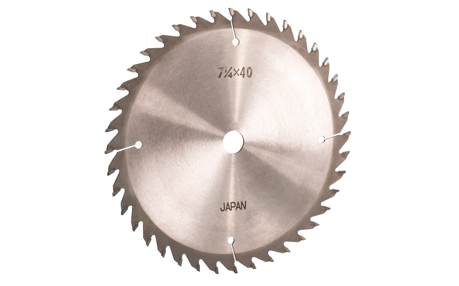 Japanese Sanwa 7-1/4" circular saw blade with carbide teeth - 40 Tooth. 40 tooth saw blade for woodworking. Grind: ATB saw blade - Alternating Tooth Bevel. 0.11" kerf blade. 5/8" arbor hole. Carbide tooth. Alternate tooth bevel blade. Sanwa model SA7240. Made in Japan.