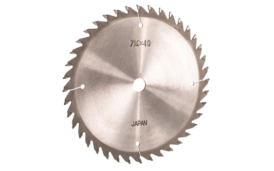 Japanese 7-1/4" circular saw blade with carbide teeth made by Sanwa. 40 tooth saw blade for woodworking. Grind: TCG saw blade - Triple Chip Grind style. 0.11" kerf. Sanwa model ST 7240. Made in Japan.