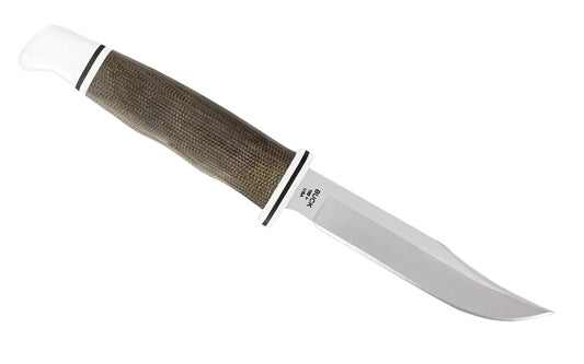 The classic 102 Woodsman Pro is a true hunting knife, designed with a fine clip point blade perfect for fish & small game. Now this version of the Woodsman features Buck's premium S35VN steel with green canvas Micarta handle. Features include full tang construction. Model 0102GRS1-B. 033753160523