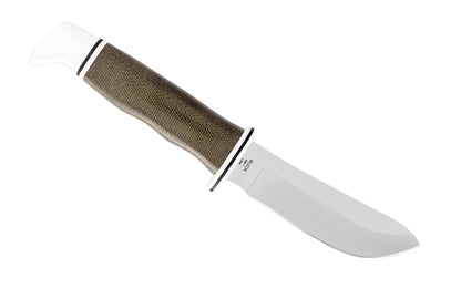 The classic 103 Skinner Pro Fixed Blade Knife is classic, heavy duty skinning knife. Now this version of the Skinner features Buck's premium S35VN steel with green canvas Micarta handle. The fixed blade was designed for easily skinning game. Made in USA. Model 0103GRS1-B. 33753160516