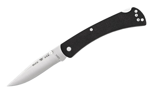 Buck Knives 110 Slim Hunter Pro Folding Knife - Black handle is created with G10 resin laminate handle that's resistant to heat, cold, chemicals & impact. 3-3/4" long blade. Folding lightweight Hunter Knife with black handle. Model 0110BKS4-B. 033753149733. Slim Pro Hunter Knife.