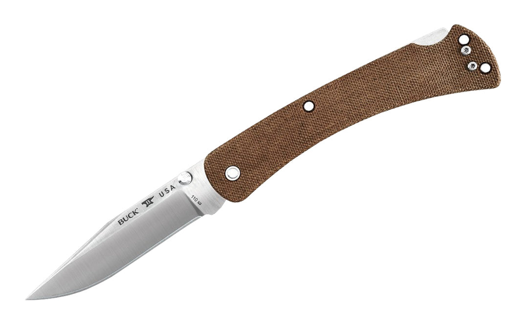 Buck Knives 110 Slim Hunter Pro Folding Knife - Brown handle is created with G10 resin laminate handle that's resistant to heat, cold, chemicals & impact. 3-3/4" long blade. Folding lightweight Hunter Knife with black handle. Model 0110BRS4-B. 033753149726. Slim Pro Hunter Knife.