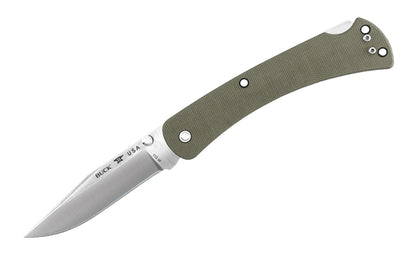Buck Knives 110 Slim Hunter Pro Folding Knife - O.D. Green handle is created with G10 resin laminate handle that's resistant to heat, cold, chemicals & impact. 3-3/4" long blade. Folding lightweight Hunter Knife with black handle. Model 0110ODS4-B. 033753149740. Slim Pro Hunter Knife.