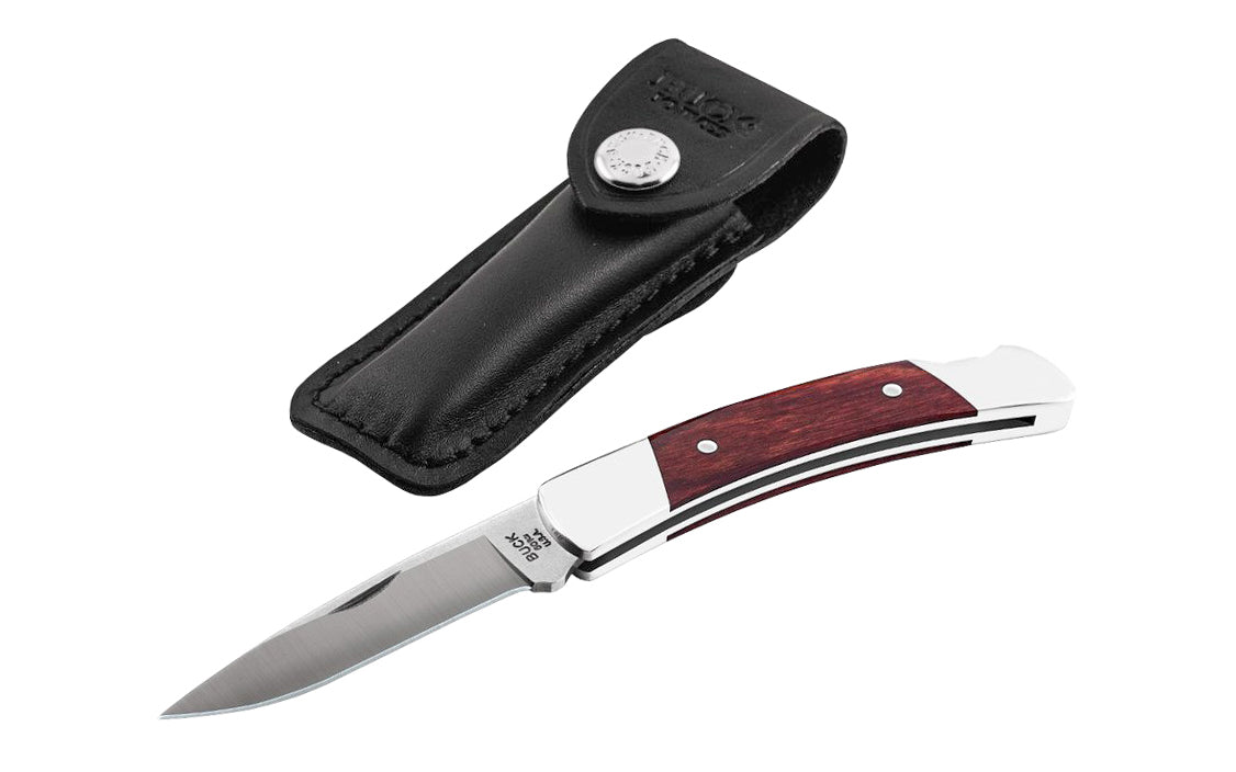Buck Knives 501 Squire Pocket Folding Knife & Leather Sheath is a classic, compact everyday carry. The drop point blade provides good control for slicing. Easy opening & closing with the nail notch & lockback design. Handsome DymaLux red wood with nickel silver bolsters. Made in USA. 033753025983. Model 0501RWS-B