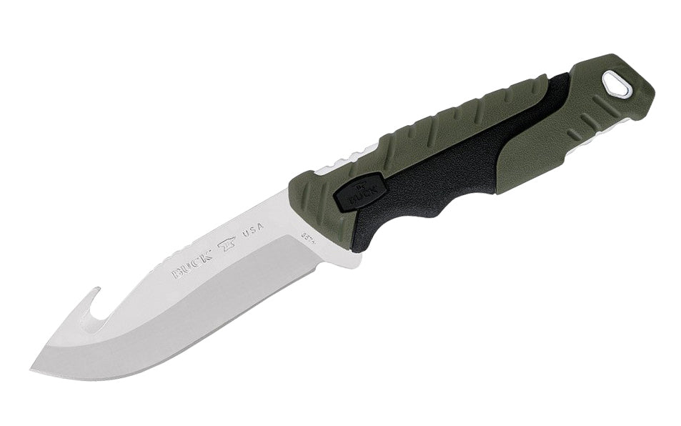 Buck Knives 657 Pursuit, Large Fixed Blade Knife with Guthook - Green is a multi-purpose alternative to traditional hunting knives, the hunting knife designed for the beginner to the experienced, serious hunter. Includes a polyester sheath. 4-1/2" long blade. Model 0657GRS-B. 033753147593