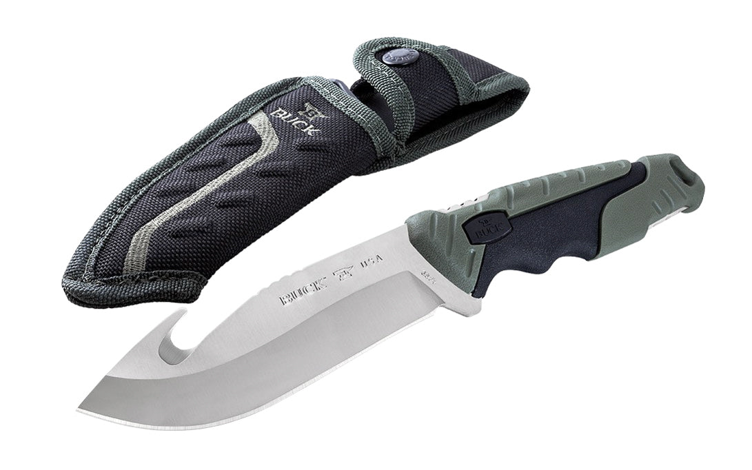 Buck Knives 657 Pursuit, Large Fixed Blade Knife with Guthook - Green is a multi-purpose alternative to traditional hunting knives, the hunting knife designed for the beginner to the experienced, serious hunter. Includes a polyester sheath. 4-1/2" long blade. Model 0657GRS-B. 033753147593