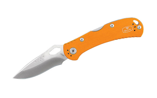 Buck Knives 722 Spitfire Folding Pocket Knife is designed for everyday carry. The blade can easily be opened with one hand & locks open with a lockback design. Anodized Orange Aluminum handle offers a sleek & lightweight design. Pocket clip attached to knife. Length 4-1/2" closed. Made in USA. 0722ORS1-B. 033753119958