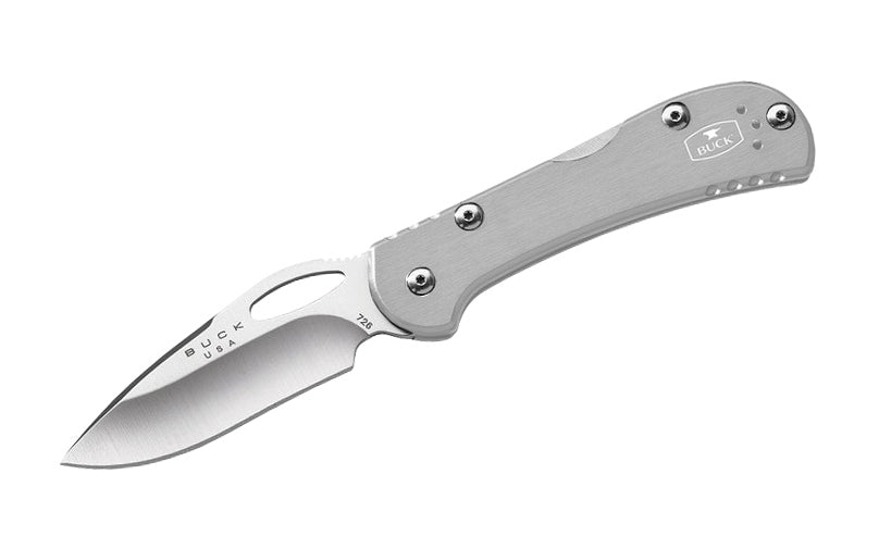 Buck Knives 726 Mini Spitfire Folding Pocket Knife is designed for everyday carry. Blade can easily be opened with one hand & locks open with a lockback design. Anodized Gray Aluminum handle offers a sleek & lightweight design. Pocket clip attached to knife. Length 3-5/8