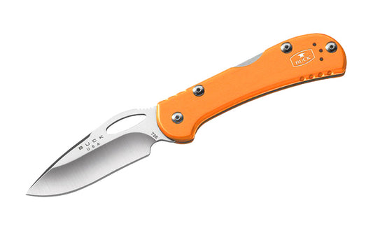 Buck Knives 726 Mini Spitfire Folding Pocket Knife is designed for everyday carry. Blade can easily be opened with one hand & locks open with a lockback design. Anodized Orange Aluminum handle offers a sleek & lightweight design. Pocket clip attached to knife. Length 3-5/8" closed. Made in USA. 0726ORS-B. 033753123771
