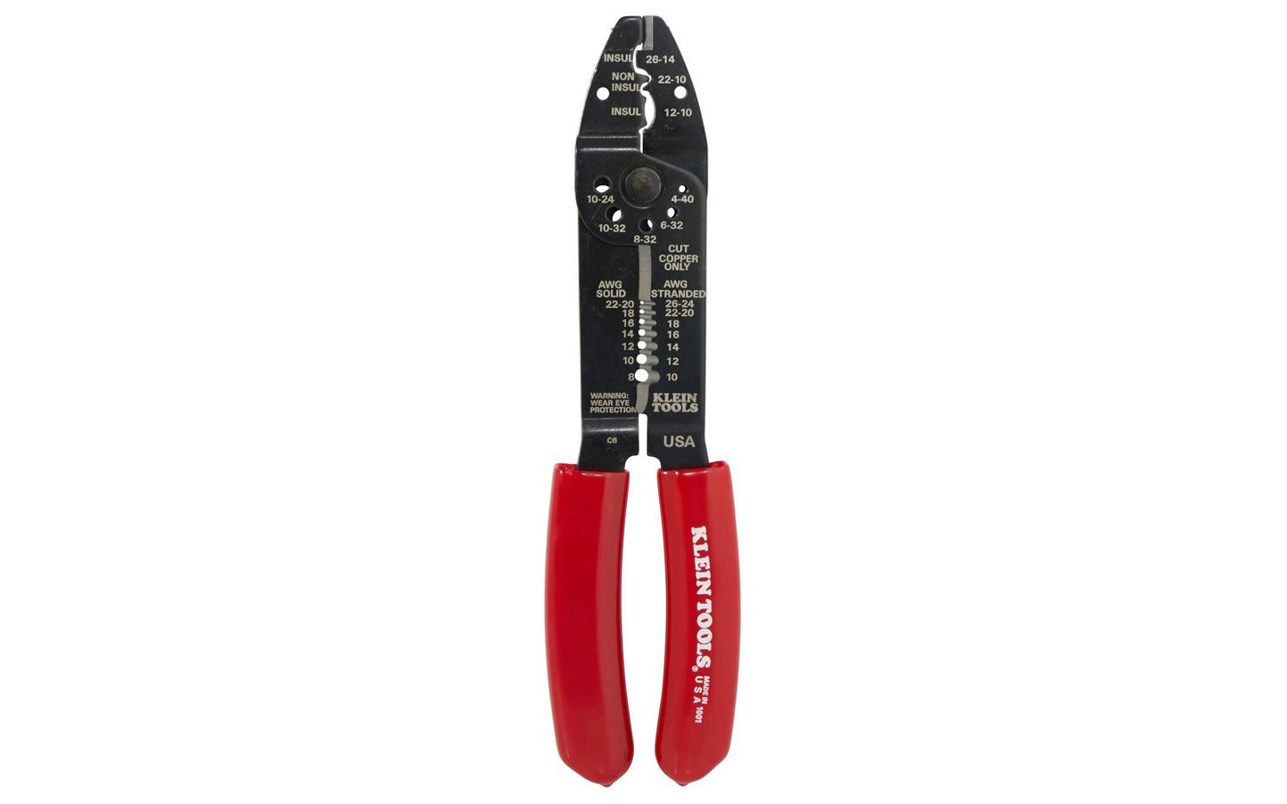 The Klein Tools Wire Stripper Multi-Tool cuts, crimps, and strips solid and stranded wire and shears bolts. Two cutting blades for 8-22 AWG solid and 10-26 AWG stranded wire. The crimping function handles 7-8 mm insulated and non-insulated terminals, lugs, and splices.  Made in USA.