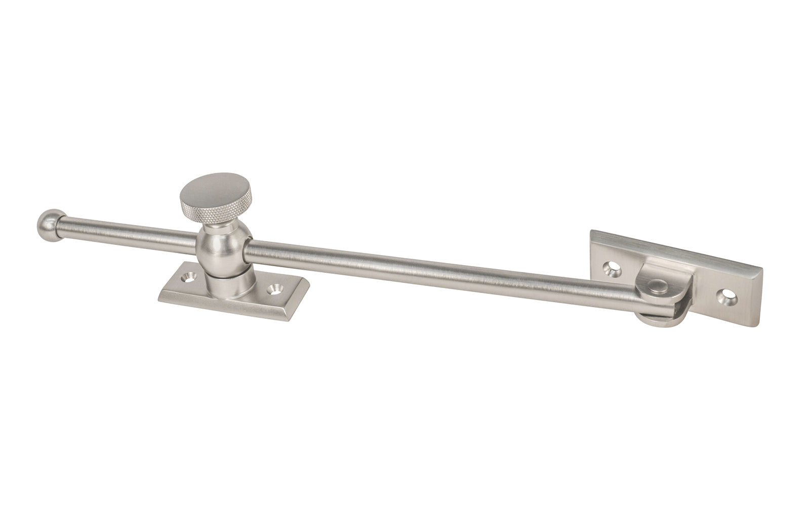 Vintage-style Classic & Premium Solid Brass Casement Adjuster Stay ~ 10" Length. For securing outswing casement windows. It has a durable pivot turn with a knurled knob for smooth & secure operation. Brushed Nickel Finish