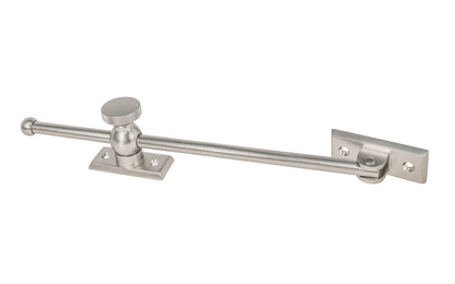 Vintage-style Classic & Premium Solid Brass Casement Adjuster Stay ~ 10" Length. For securing outswing casement windows. It has a durable pivot turn with a knurled knob for smooth & secure operation. Brushed Nickel Finish
