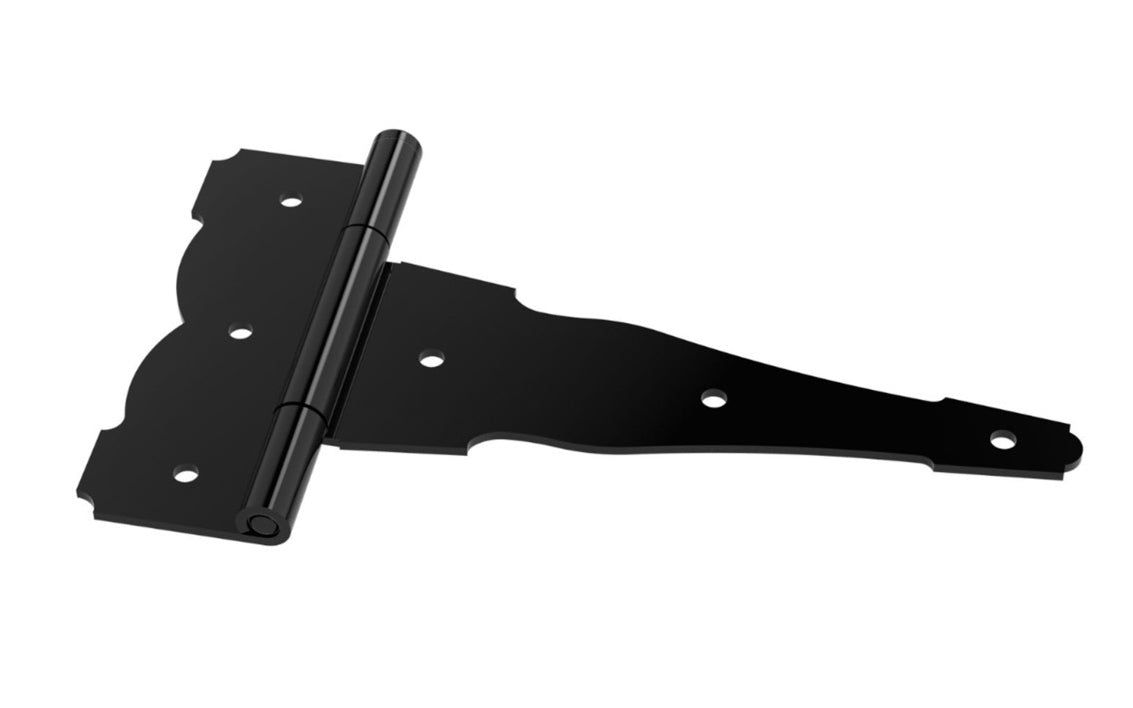 Black Finish Ornamental T-Hinge. Heavy-duty for extra strength & designed for gates, sheds & rustic doors. Offset screw holes for extra strength & to prevent wood from splitting. Coated with "Weatherguard" protection to withstand harsh weather conditions & prevent corrosion. National Hardware Catalog Model No. N166-012