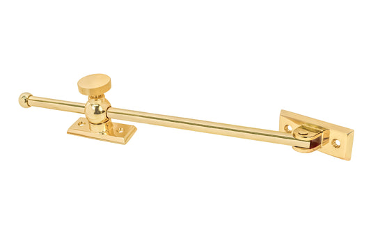 Vintage-style Classic & Premium Solid Brass Casement Adjuster Stay ~ 10" Length. For securing outswing casement windows. It has a durable pivot turn with a knurled knob for smooth & secure operation. Unlacquered brass. Non-lacquered brass (the un-lacquered brass will patina over time).
