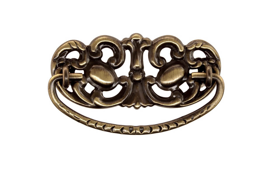 Brass Victorian Drop Pull ~ 3" On Centers - Antique Brass Finish ~ Vintage-style Hardware · Traditional & classic ~ Made of high quality solid brass material ~ 3" spacing of screw holes ~ Includes an ornate stamped brass backplate ~ Designed in a traditional Victorian style, but suitable for different traditional & period decors ~ Ornate style