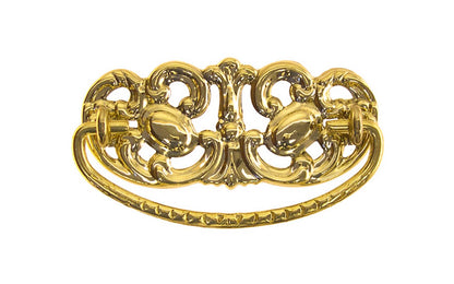 Brass Victorian Drop Pull ~ 3" On Centers - Non-Lacquered Brass (will patina over time) ~ Vintage-style Hardware · Traditional & classic ~ Made of high quality solid brass material ~ 3" spacing of screw holes ~ Includes an ornate stamped brass backplate ~ Designed in a traditional Victorian style, but suitable for different traditional & period decors ~ Ornate style