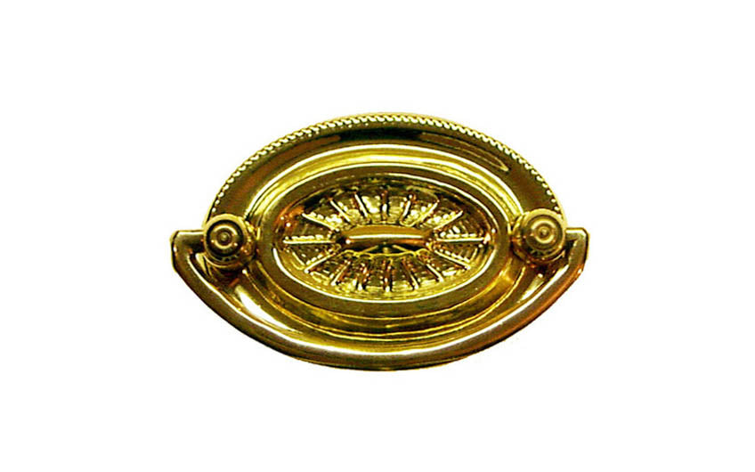 Brass Oval Heppelwhite Drop Pull ~ Traditional Heppelwhite & Sheraton style - Non-Lacquered Brass Vintage-style Hardware · Traditional & classic ~ Traditional & classic Heppelwhite & Sheraton period style ~ 2" spacing of screw holes ~ Includes an ornate stamped brass backplate ~ Traditional Heppelwhite style, but suitable for different traditional & period decors, including Victorian ~ Ornate style ~ Sunburst 