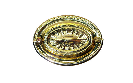 Brass Oval Heppelwhite Drop Pull ~ 3" On Centers. Unlacquered Brass ~ Vintage-style Hardware · Traditional & classic ~ Heppelwhite & Sheraton period style ~ 3" spacing of screw holes ~ Includes an ornate stamped brass backplate ~ Traditional Heppelwhite style, but suitable for different traditional & period decors, including Victorian ~ Ornate style ~ Sunburst 