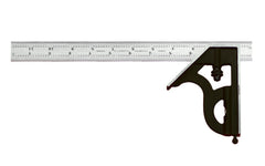Starrett 12" Combination Square with Square Head features a reversible lock bolt, scriber, spirit level, and hardened steel, photo-engraved blade with regular finish. 4R Graduations. Starrett combo square. 11H-12-4R. EDP 50055. Made in USA. 049659500554