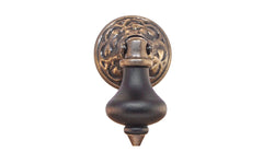 Ebonized Wood Drop Pull with Antique Brass Rosette ~ 2" Length