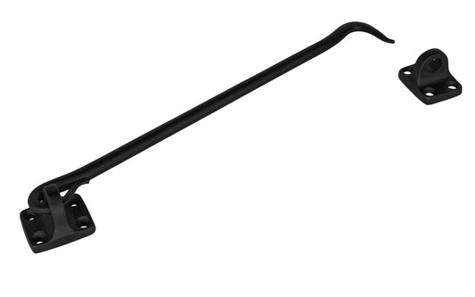 Hand-Forged Hook & Eye ~ 12" Long ~ A rustic-looking hook and eye that's hand forged with a black powder coated finish to resist rust. Made of hand forged steel material with a black finish, it has a nice durable & strong feel. This piece of hardware is great for shutters, gates, or doors - Model 088425 