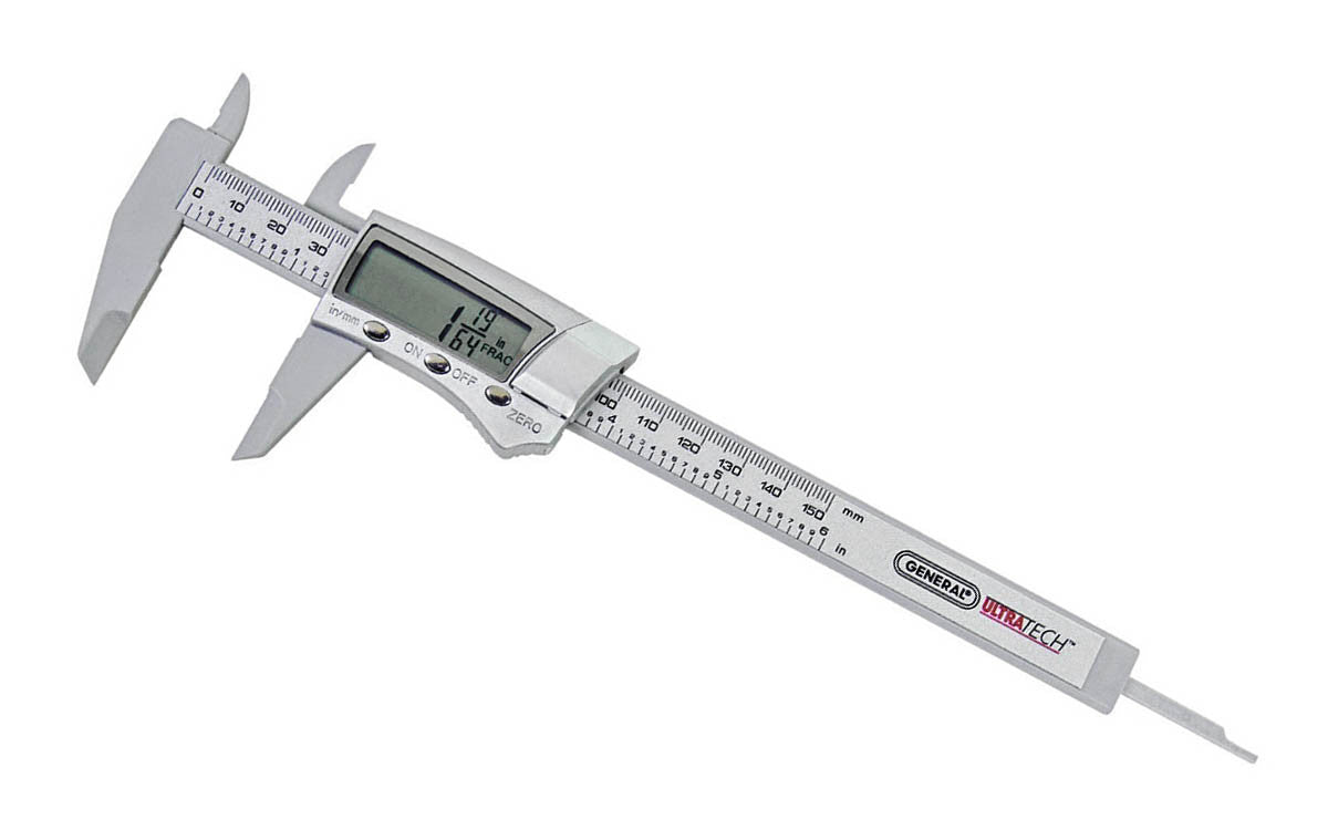 6" Digital Caliper ~ General Tools Model 146 ~ Three mode digital display: fractional, metric, & inches ~ Made of carbon fiber material ~ Accuracy: +/- 0.001" +/- 0.02 mm ~ Resolution: 0.0005", 0.01, 1/64" ~ 038728014603
