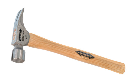 Stiletto's Titanium framing hammer provides faster & greater power at point of impact with less stress & arm fatigue, & has Stiletto's signature magnetic nail starter. Mill waffle face. Straight Hickory hardwood handle & straight claw design. 14 oz head weight. Model TI14MS. Milled Face Straight Claw. 662560140017