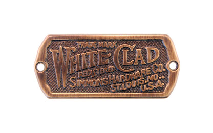 Vintage-Style Hardware - Classic & traditional "White Clad" name plate designed for ice box cabinets. Made of solid brass material, it is a thick & good-looking piece of hardware & a nice addition to your icebox cabinets. The plate is designed in the Late 19th Century, Early 20th Century style hardware. Antique Brass Finish.