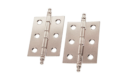 Traditional & classic ball-tip steel cabinet hinges. 2" high x 1-7/16" wide. Steel material with a plated finish. Polished Nickel Finish.