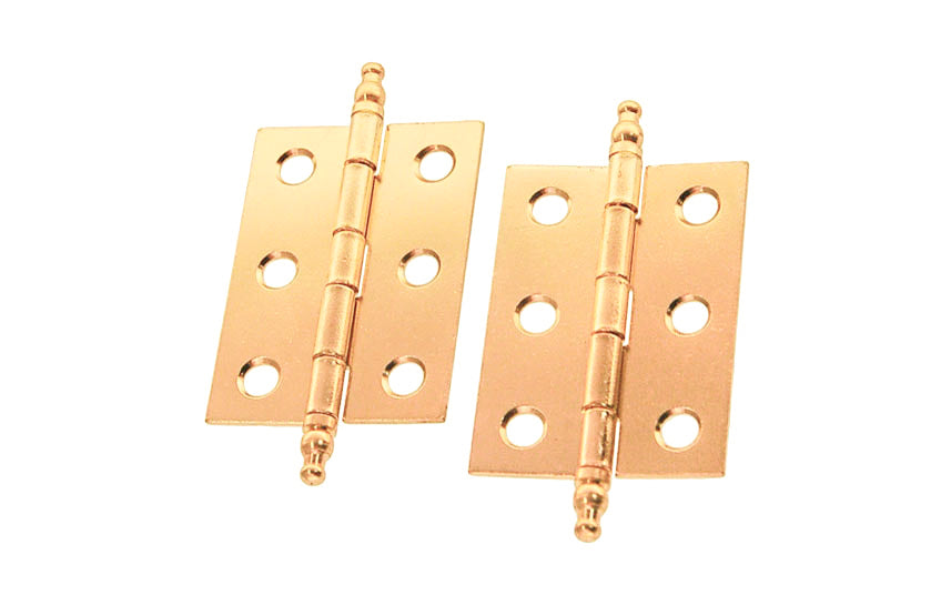Traditional & classic ball-tip steel cabinet hinges. 2" high x 1-7/16" wide. Steel material with a plated finish. Brass Plated Finish.
