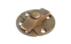 Solid Brass 1-1/2" Diameter Turn Button With Back Plates. A traditional & quality surface-mount turn button that's great for flush cabinet doors, & doors that swing in & out. Other uses include use for cabinets, cupboards, hatches, panels. Flush mount turn button. Antique Brass Finish. 