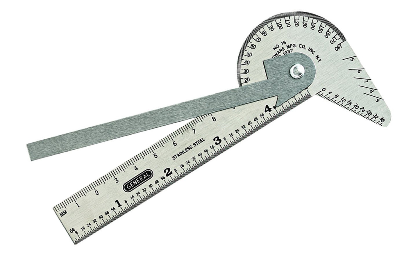 General Tools Model No. 16me ~ 6 tools in 1 ~ Use as a Square, Level Protractor, Ruler, Center Finder, Drill Point Gage ~ Circle Divider ~ Stainless Steel ~ 038728220158