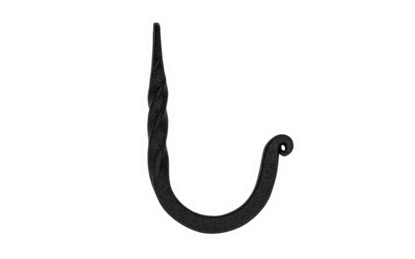 A rustic-looking twisted hook that's made of hand forged steel. It has a black powder coated finish that resists corrosion. This rustic hook is great for many versatile uses both indoors & outdoors. 2-1/2" overall length & 1-5/8" projection. Great for bathrooms, kitchens, hallways, bedroom, entryways - Old Twisted Hook