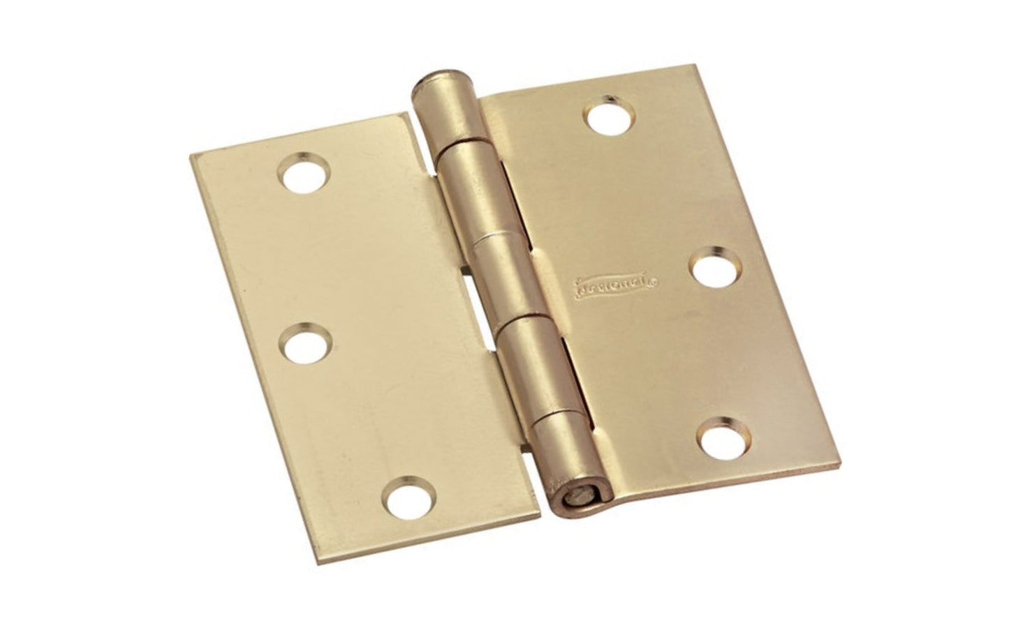 3" Satin Brass Door Hinge with square corners & a removable pin. Satin Brass finish on steel material. Countersunk holes. Includes flat head screws. 3" x 3" door hinge size. Five knuckle, full mortise design. National Hardware Model No. N830-232. 886780009729