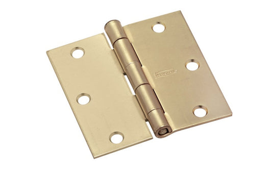 3-1/2" Satin Brass Door Hinge with square corners & a removable pin. Satin Brass finish on steel material. Countersunk holes. Includes flat head screws. 3-1/2" x 3-1/2" door hinge size. Five knuckle, full mortise design. National Hardware Model No. N830-230. 886780009705