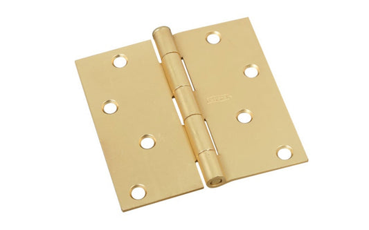 4" Satin Brass Door Hinge with square corners & a removable pin. Satin brass finish on steel material. Countersunk holes. Includes flat head screws. 4" x 4" door hinge size. National Hardware Model No. N830-231. 886780009712