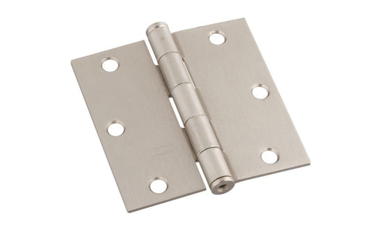 3-1/2" Satin Nickel Door Hinge with square corners & a removable pin. Satin Nickel finish on steel material. Countersunk holes. Includes flat head screws. 3-1/2" x 3-1/2" door hinge size. Five knuckle, full mortise design. National Hardware Model No. N830-248. 886780009880