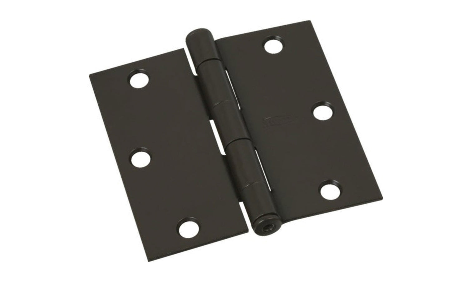 3-1/2" Oil Rubbed Bronze Door Hinge with square corners & a removable pin. Oil rubbed bronze finish on steel material. Countersunk holes. Includes flat head screws. 3-1/2" x 3-1/2" door hinge size. Five knuckle, full mortise design. National Hardware Model No. N830-203. 886780009439