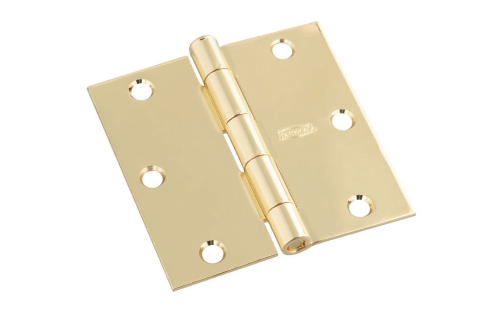 3-1/2" Bright Brass Door Hinge with square corners & a removable pin. Bright Brass finish on steel material. Countersunk holes. Includes flat head screws. 3-1/2" x 3-1/2" door hinge size. Five knuckle, full mortise design. National Hardware Model No. N830-212. 886780009521