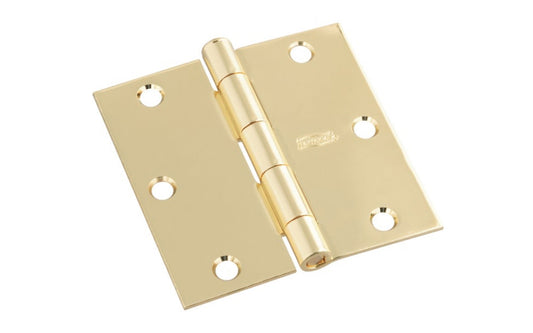 3-1/2" Bright Brass Door Hinge with square corners & a removable pin. Bright Brass finish on steel material. Countersunk holes. Includes flat head screws. 3-1/2" x 3-1/2" door hinge size. Five knuckle, full mortise design. National Hardware Model No. N830-212. 886780009521