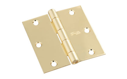 3-1/2" Bright Brass Door Hinge with square corners & a removable pin. Bright Brass finish on steel material. Countersunk holes. Includes flat head screws. 3-1/2" x 3-1/2" door hinge size. Five knuckle, full mortise design. National Hardware Model No. N830-212. 886780009521